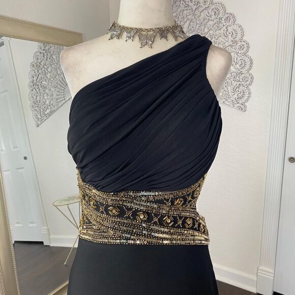 Betsy & Adam Black One Shoulder Dress with Gold Accents - Picture 7 of 9